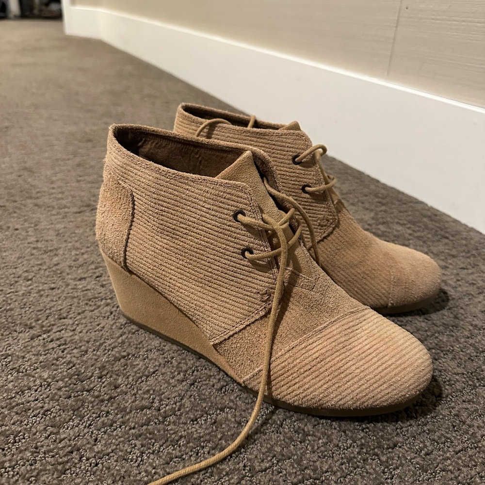 Toms Tan Corduroy Wedge Booties